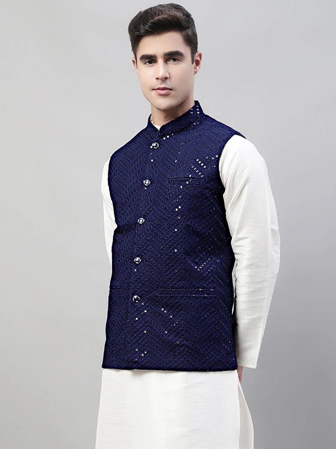 Rayon Sequin Embroidered Nehru Jacket - Men's Indian Style
