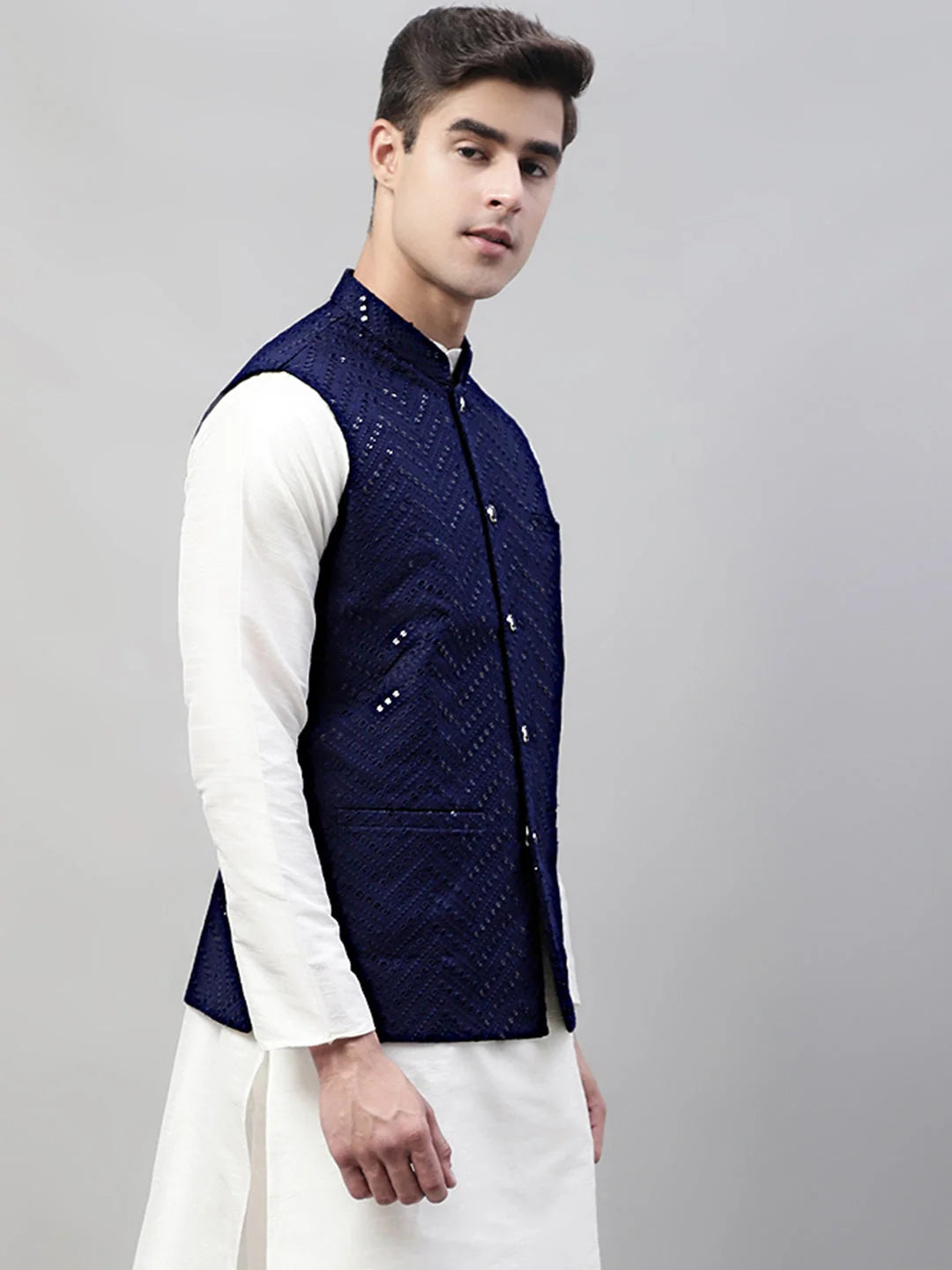 Rayon Sequin Embroidered Nehru Jacket - Men's Indian Style