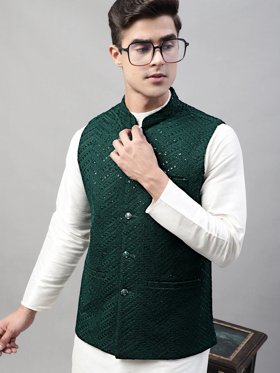 Men's Sequins Embroidered Nehru Jacket-JOWC-4075