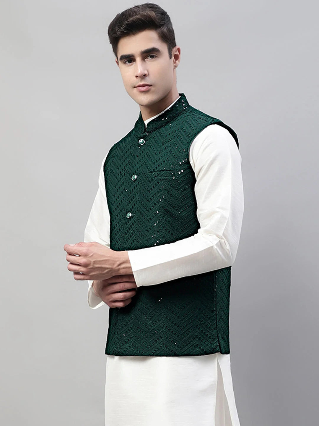 Men's Embroidered Sequins Rayon Nehru Jacket | Ethnic Wear