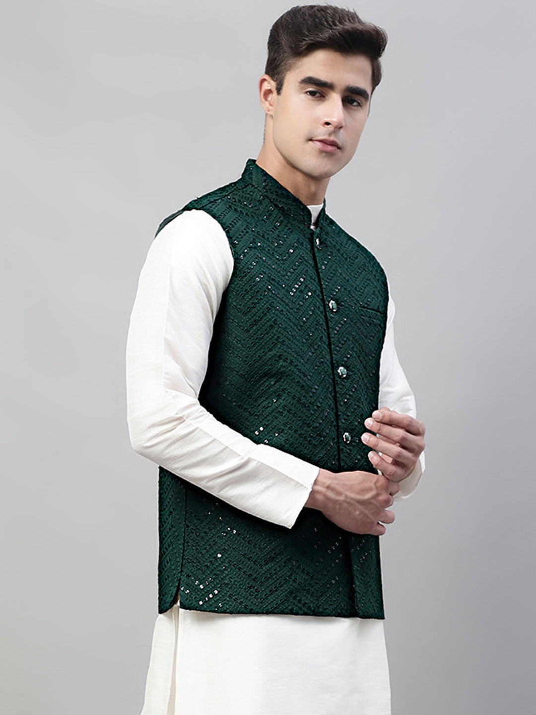Men's Embroidered Sequins Rayon Nehru Jacket | Ethnic Wear