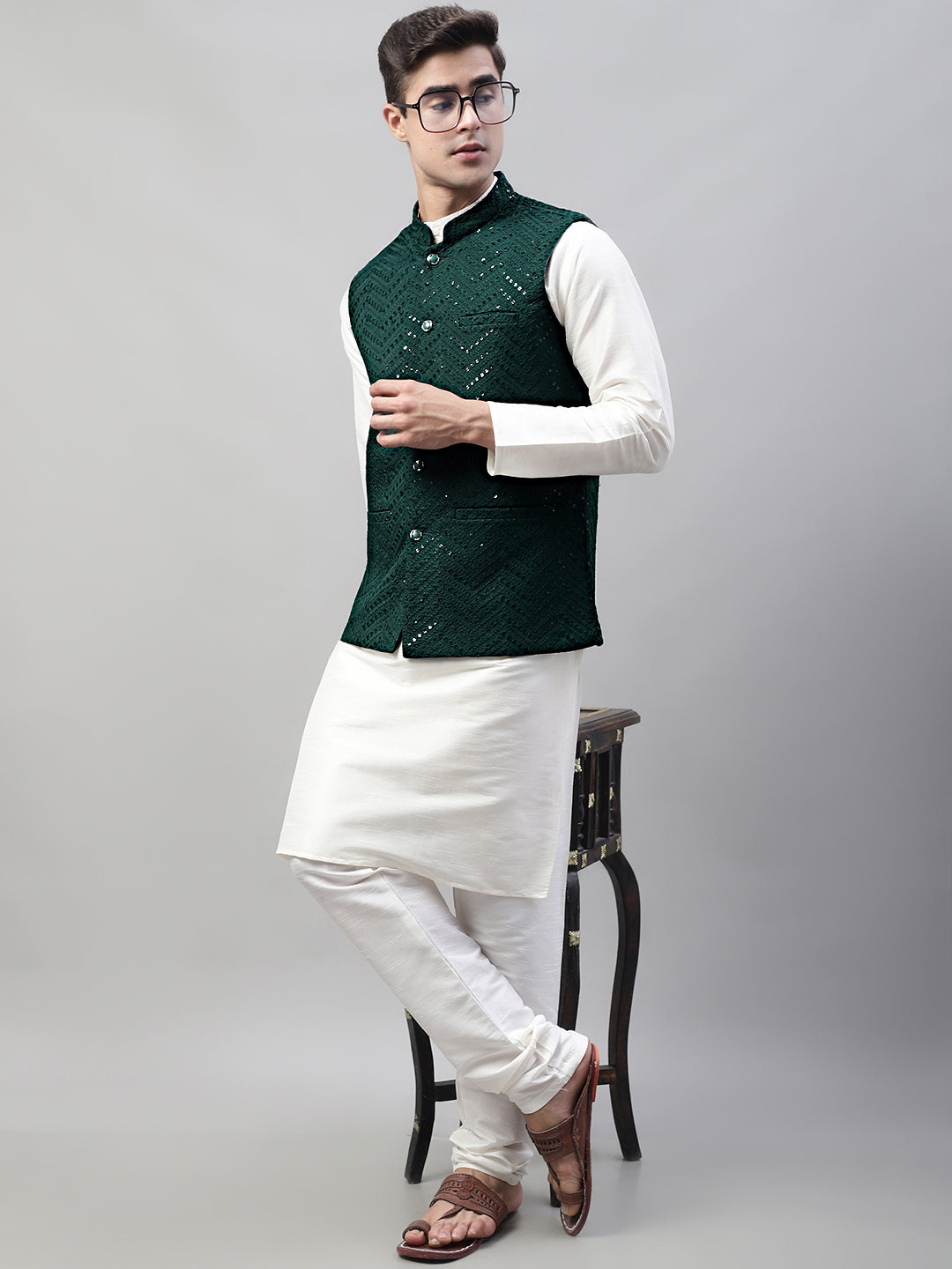 Men's Embroidered Sequins Rayon Nehru Jacket | Ethnic Wear
