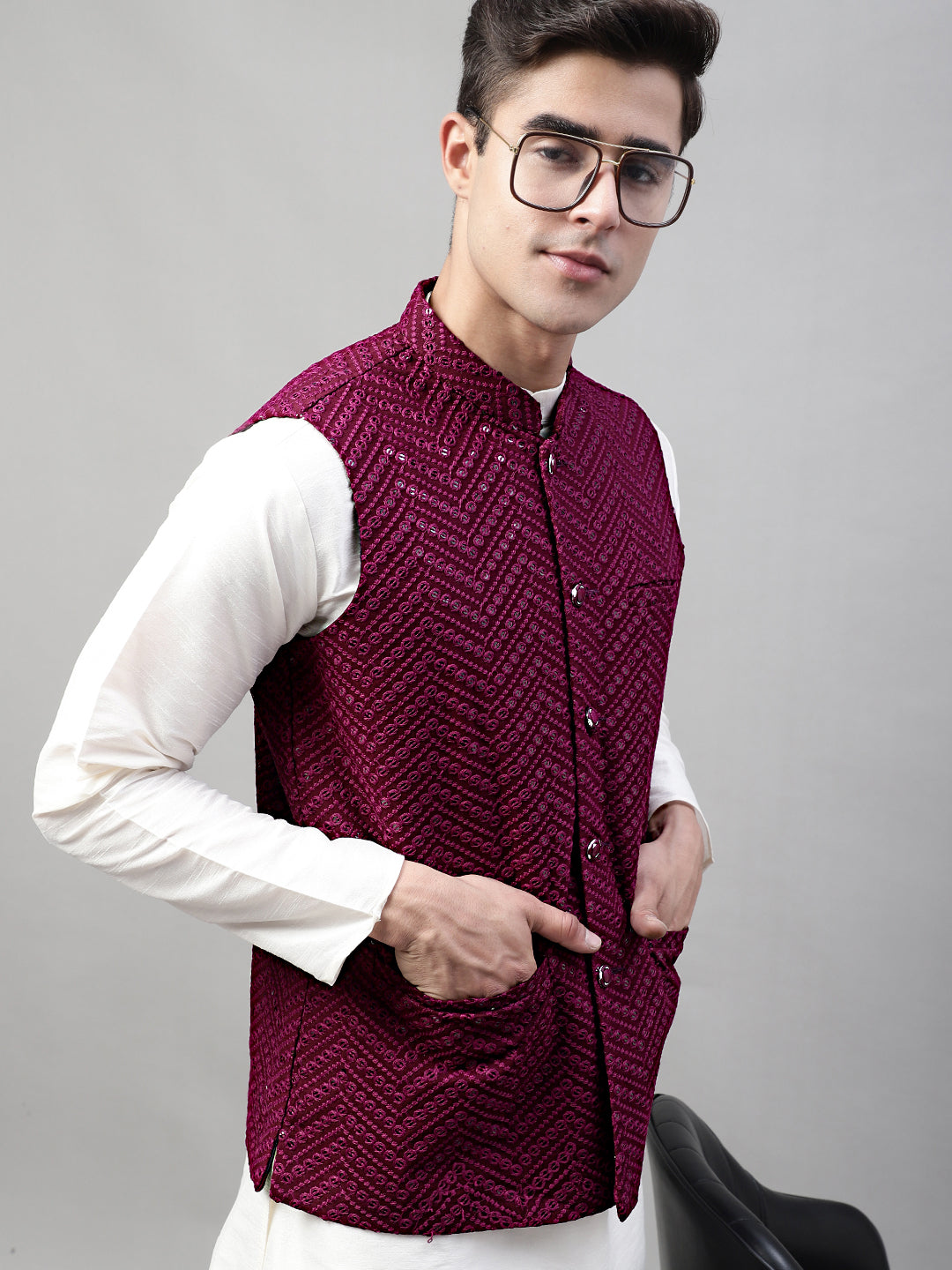 Men Embroidered Rayon Nehru Jacket-MJOWC-4075