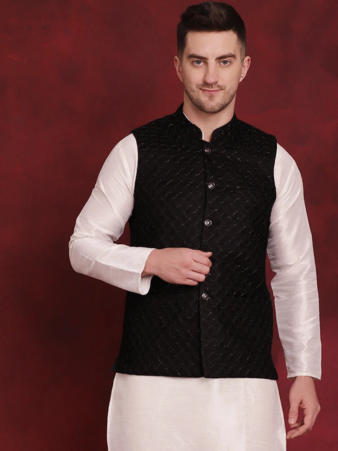 Black Woven Design Nehru Jacket ( JOWC 4091Black )