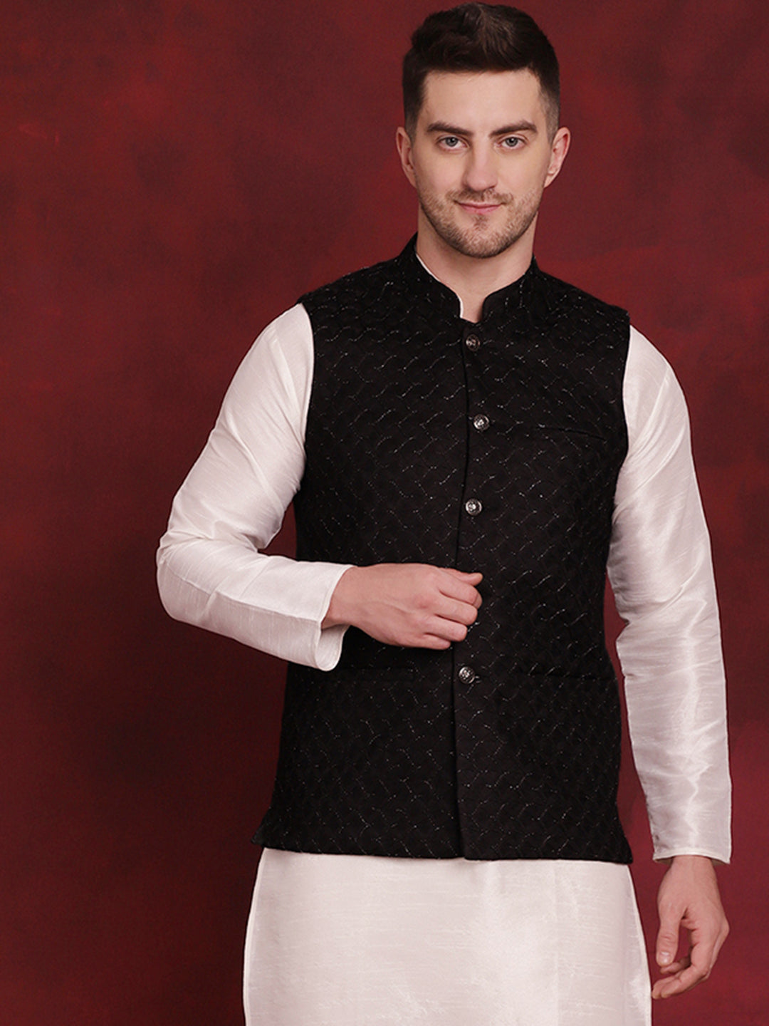 Black Woven Design Nehru Jacket ( JOWC 4091Black )