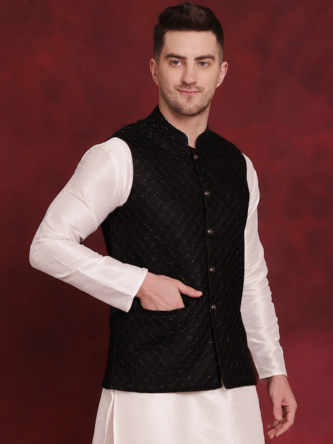 Black Woven Nehru Jacket | Nehru Jackets for Weddings