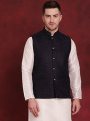 Navy Blue Woven Design Nehru Jacket ( JOWC 4091Navy )