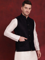Navy Blue Woven Design Nehru Jacket ( JOWC 4091Navy )