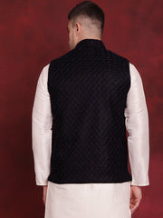 Navy Blue Woven Design Nehru Jacket ( JOWC 4091Navy )