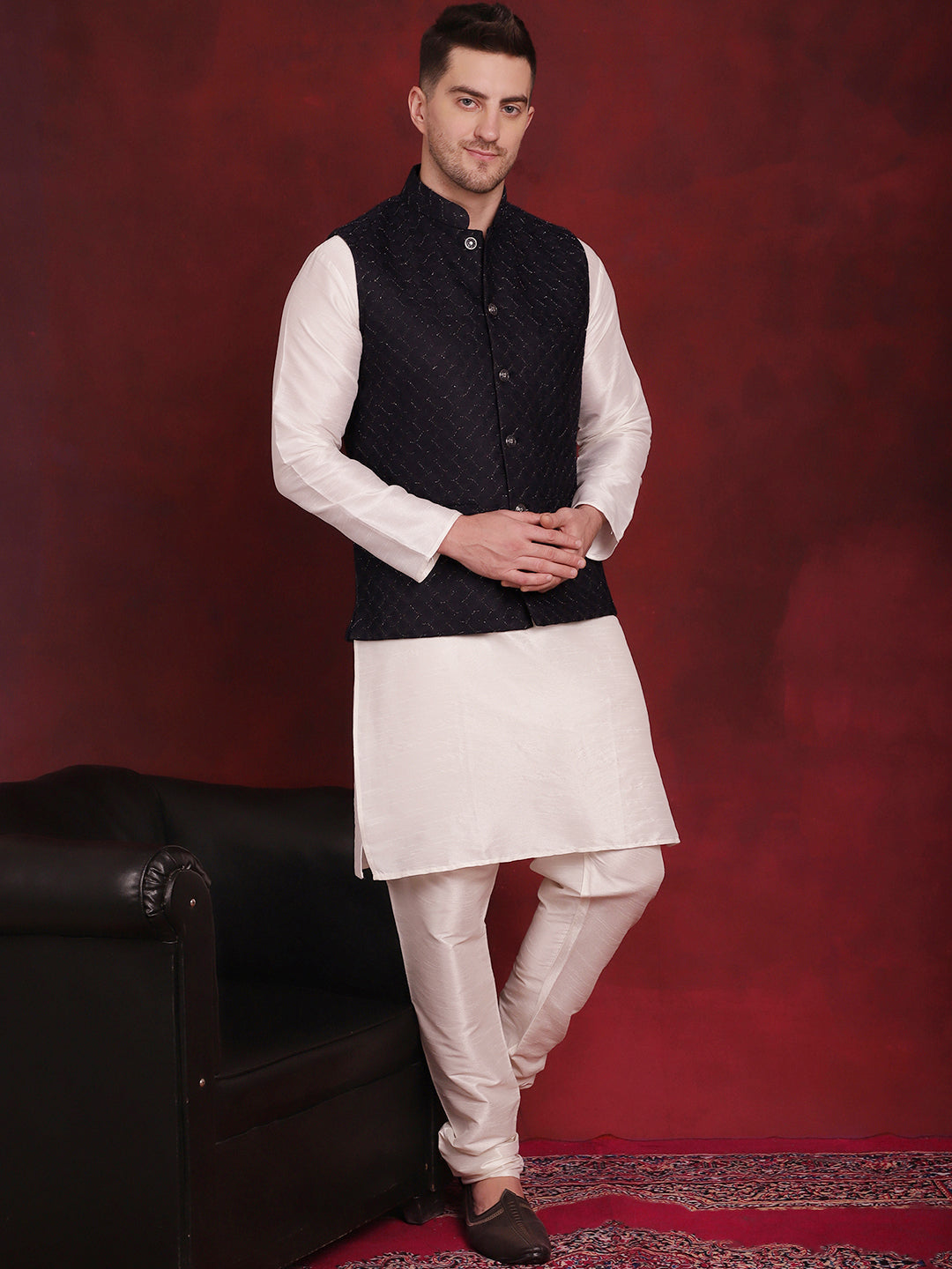 Navy Blue Nehru Jacket | Men's Ethnic Wear Nehru Collar