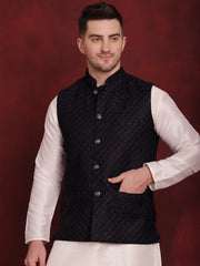 Navy Blue Woven Design Nehru Jacket ( JOWC 4091Navy )