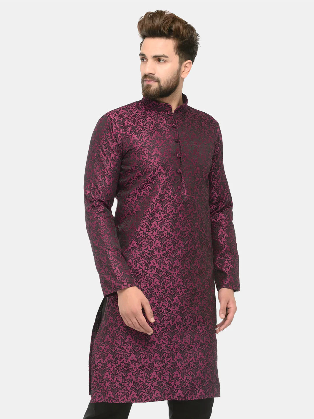 Purple & Black Self Design Mens Kurta | Silk Kurta for Men