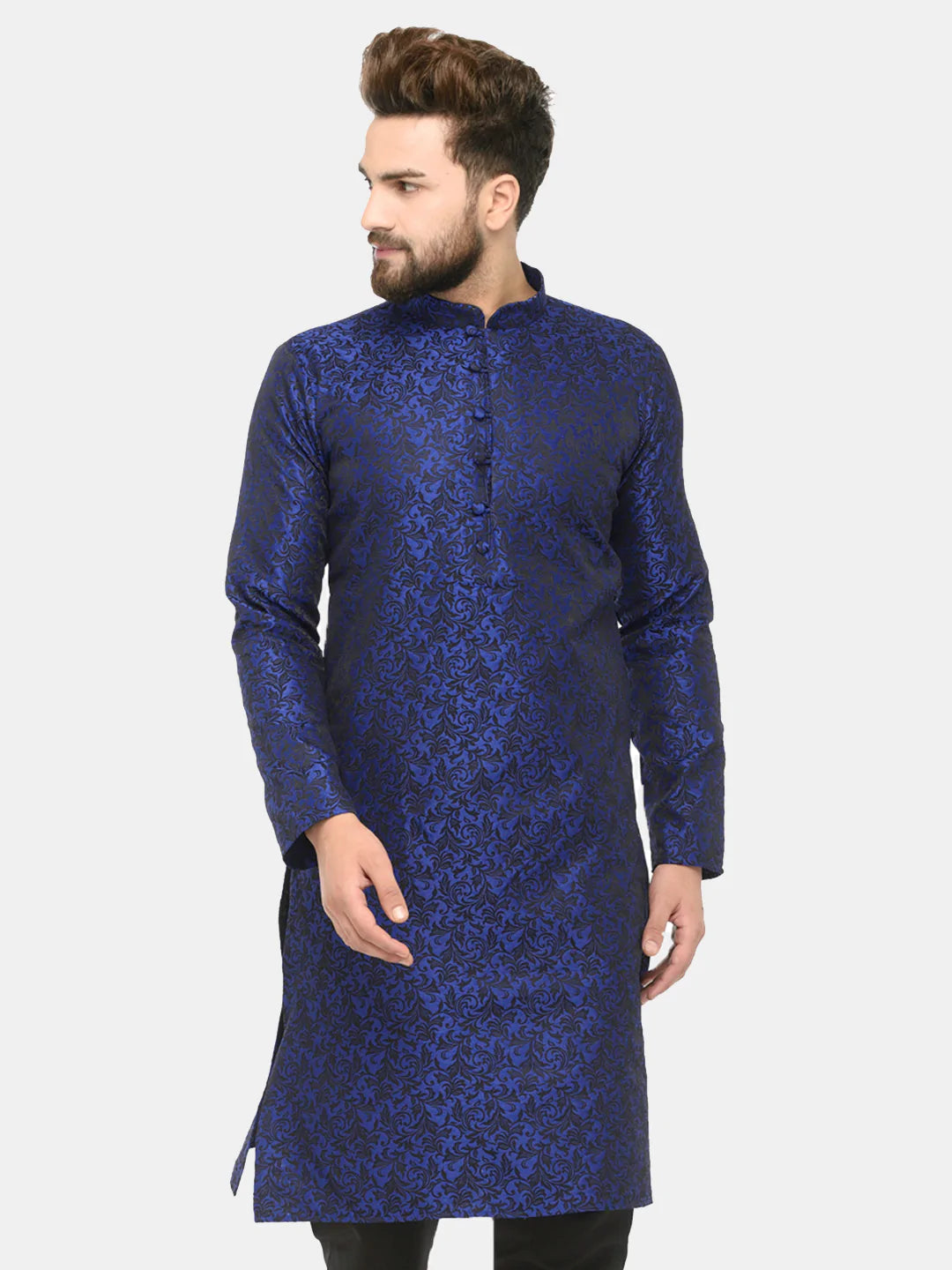 Men Royal Blue & Black Self Design Kurta Only ( KO 517 Royal-Blue )-KO-517