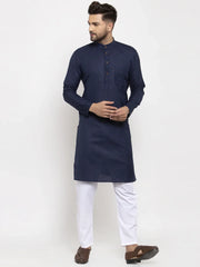 Men Navy Blue & White Solid Kurta Only ( KO 532 Navy )-KO-532