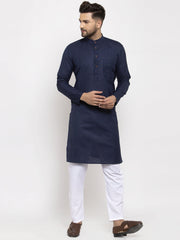 Men Navy Blue & White Solid Kurta Only