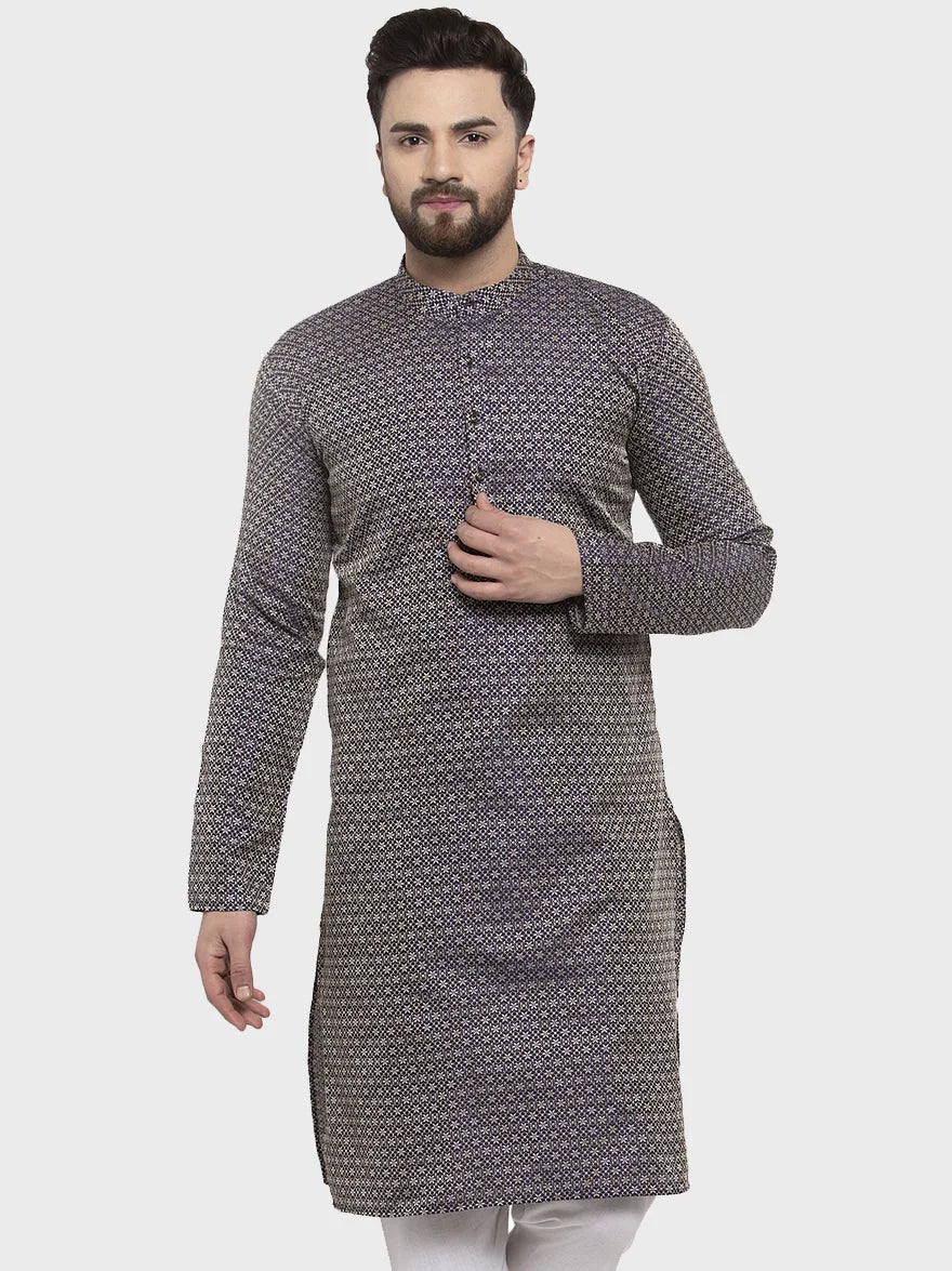 Men Navy-Blue & White Woven Design Kurta Only