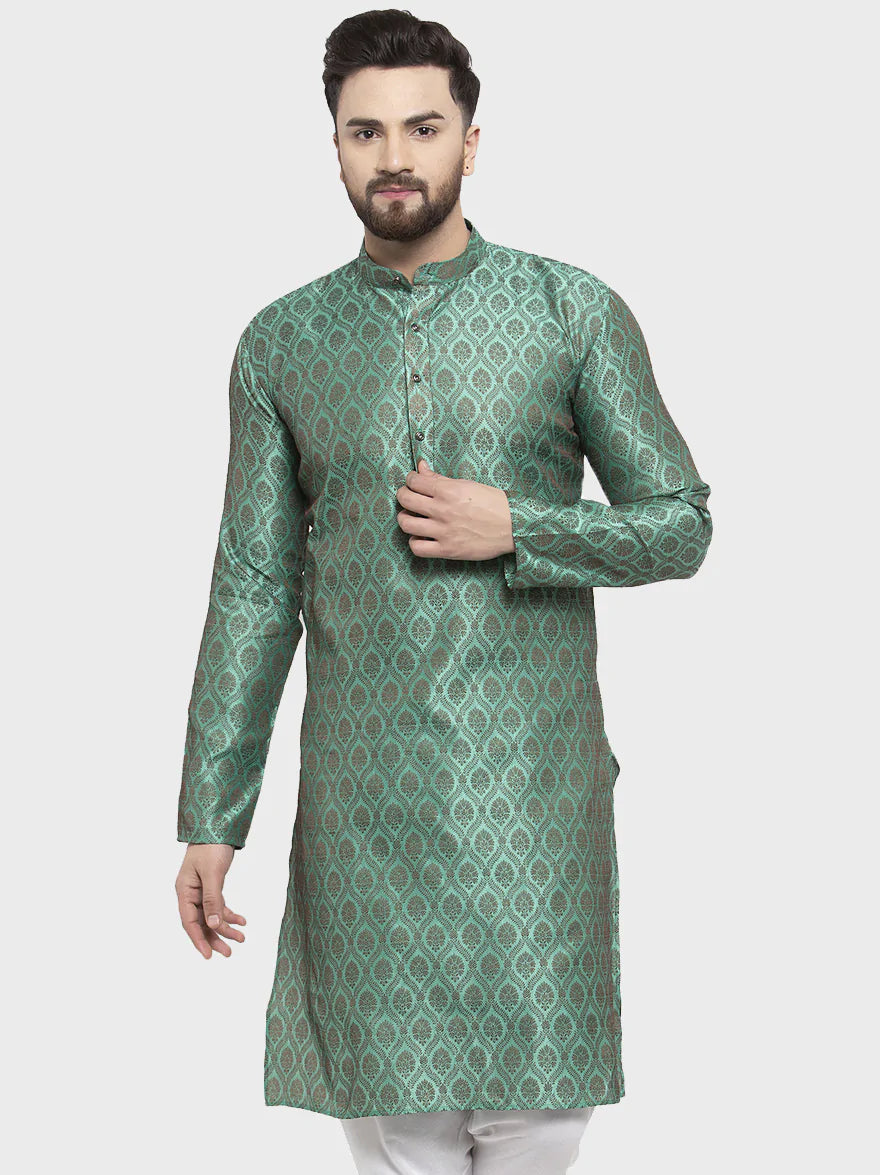 Green Jacquard Mens Kurta - Indian Kurta for Men | Wedding Kurta