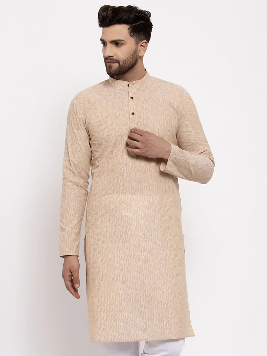 Beige Cotton Printed Mens Kurta | Indian Kurta for Men Online