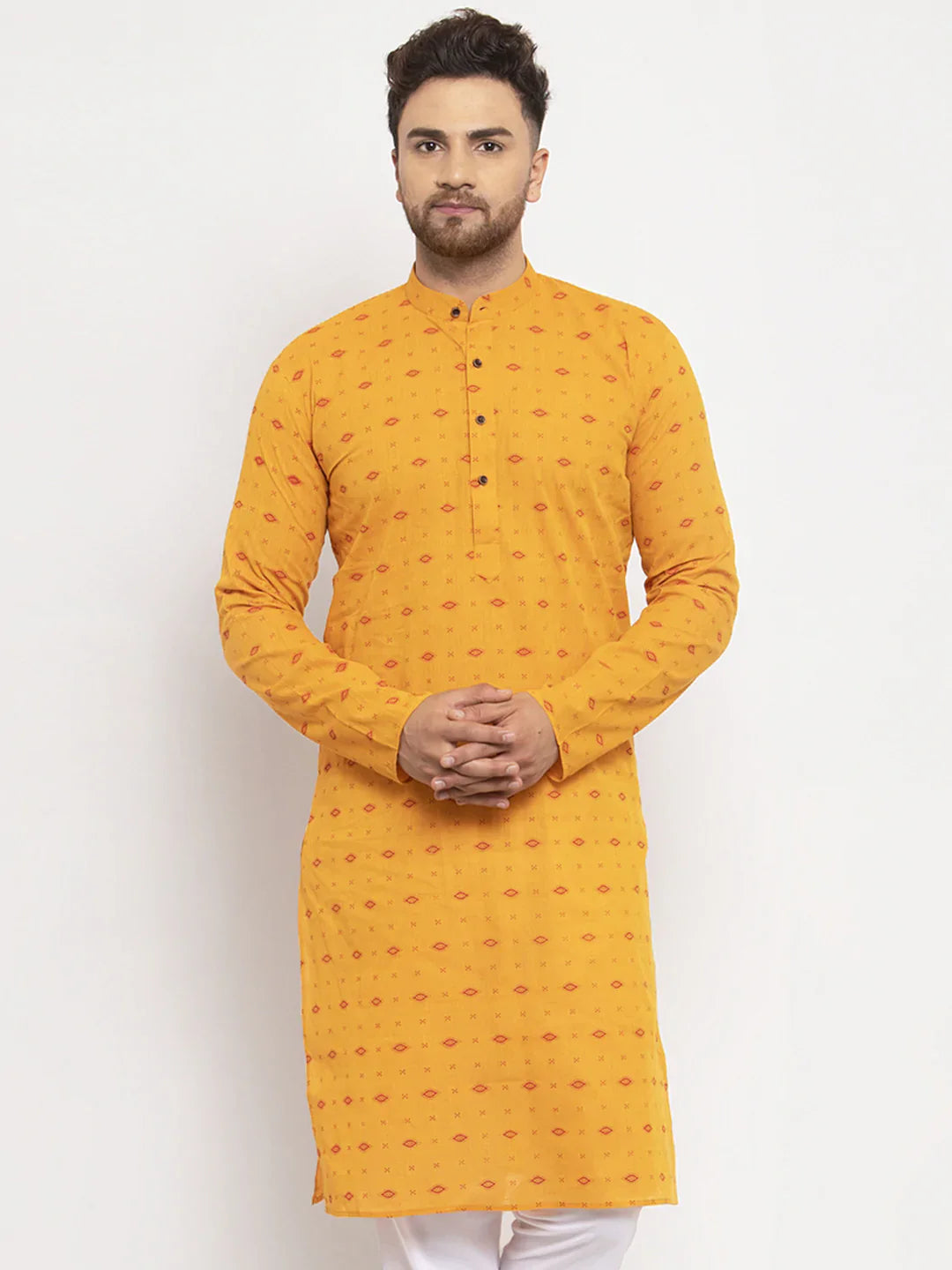 Yellow & White Printed Mens Kurta - Indian Kurta for Men