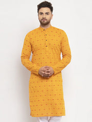 Men Yellow & White Cotton Printed Kurta Only ( KO 614 Yellow )-KO-614
