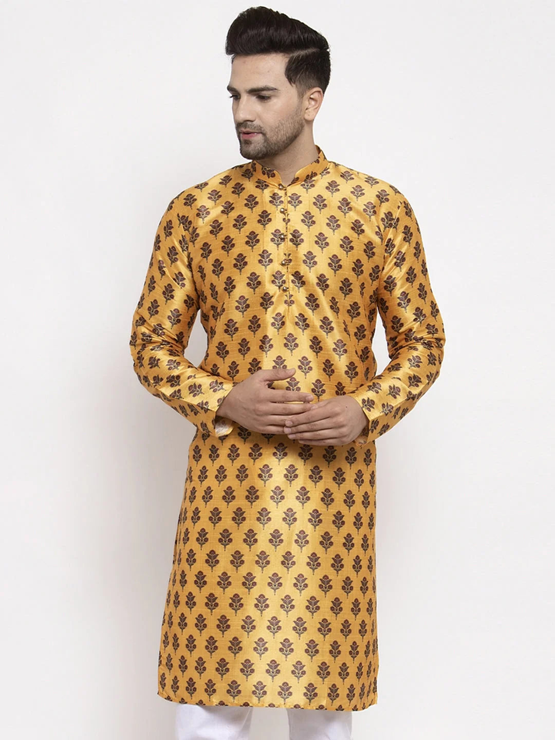 Trendy Yellow Printed Mens Kurta - Cotton Indian Kurta for Men