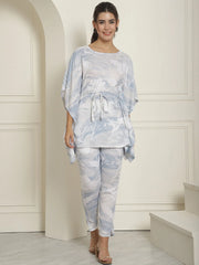Women Light-Blue Tie Dye Printed Rayon Kaftan Tunic With Trousers ( JNCS 3002Light-Blue )