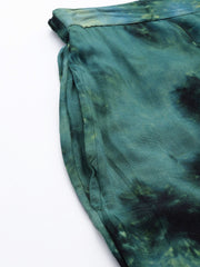 Women Olive Green Tie Dye Printed Rayon Kaftan Tunic With Trousers ( JNCS 3002 Olive )