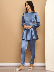 Women's Embroidered A-line Top and Trouser With Belt-JNCS-3005Blue