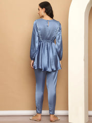 Women's Embroidered A-line Top and Trouser With Belt-JNCS-3005Blue