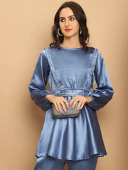 Women's Embroidered A-line Top and Trouser With Belt-JNCS-3005Blue