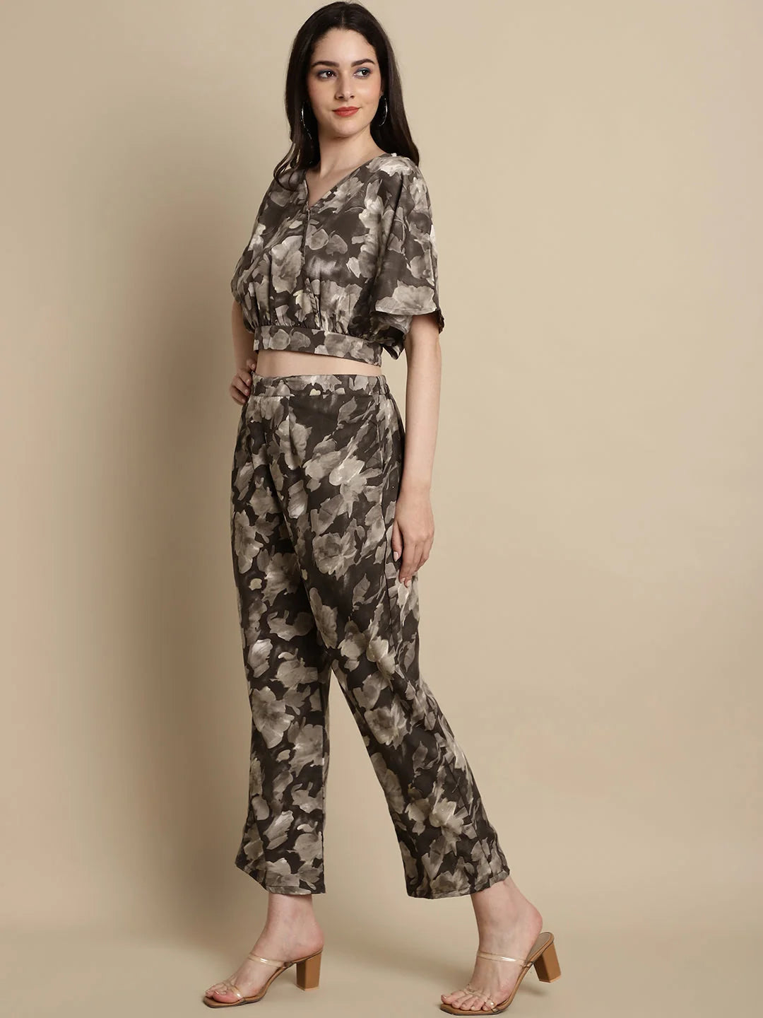 Women's Brown Printed Crop Top with Palazzos Co ord Sets