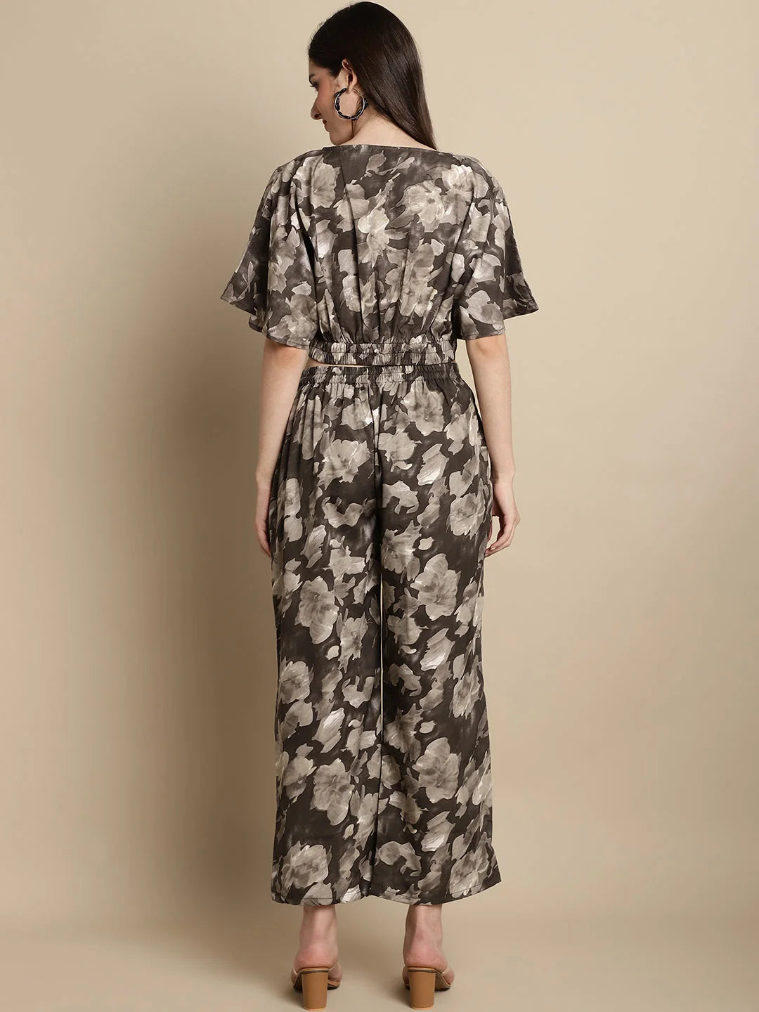 Women's Brown Printed Crop Top with Palazzos Co ord Sets