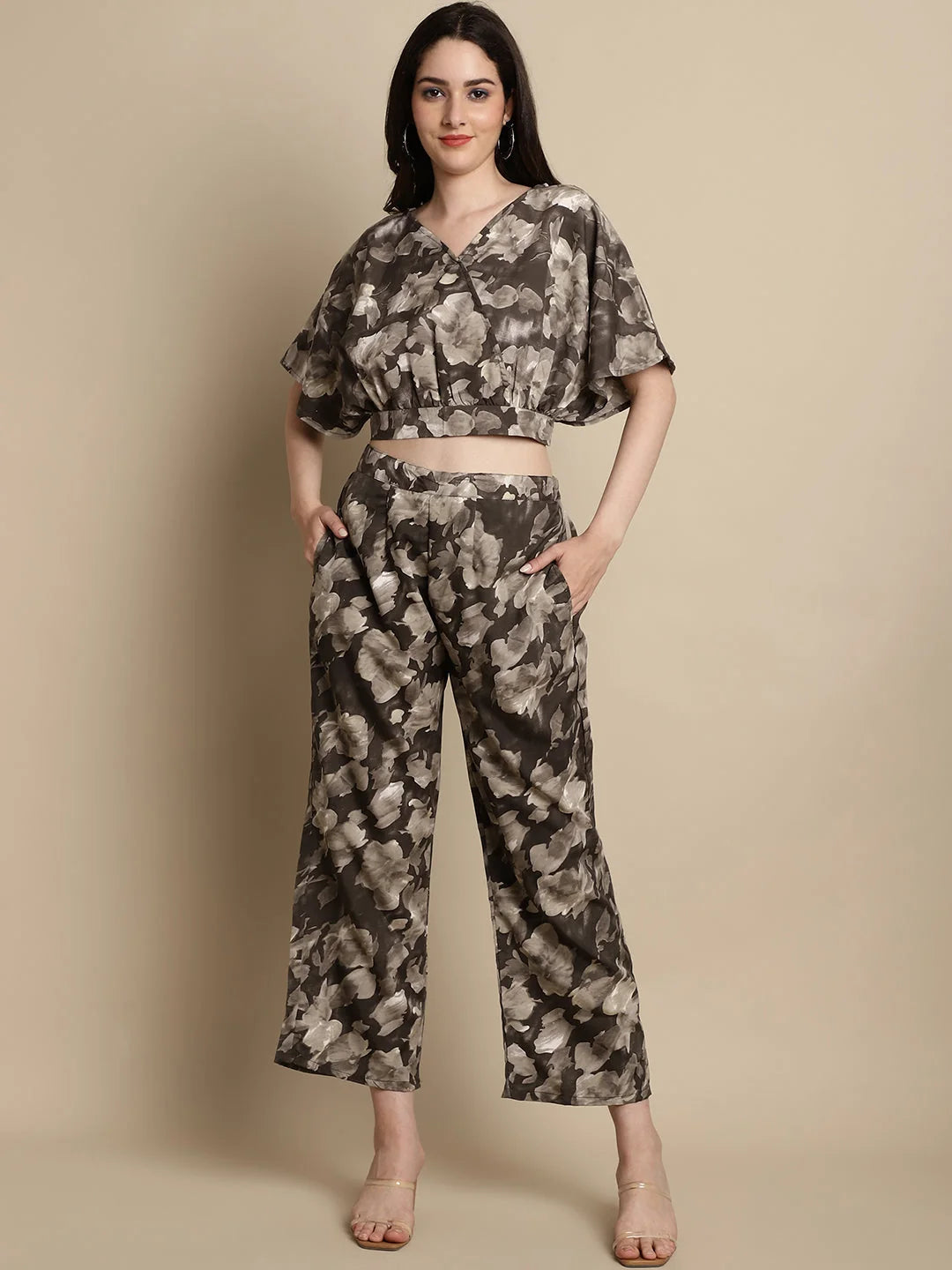 Women's Brown Printed Crop Top with Palazzos Co ord Sets