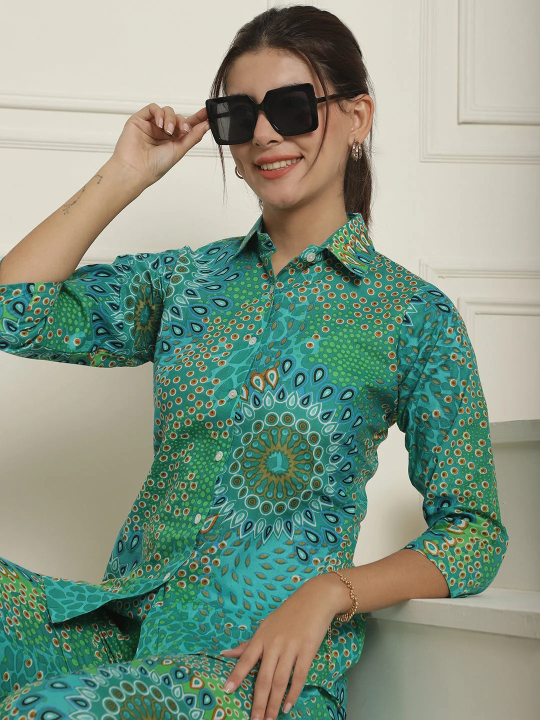 Women's Green Printed Shirt & Trouser Two Piece Co-ords Set