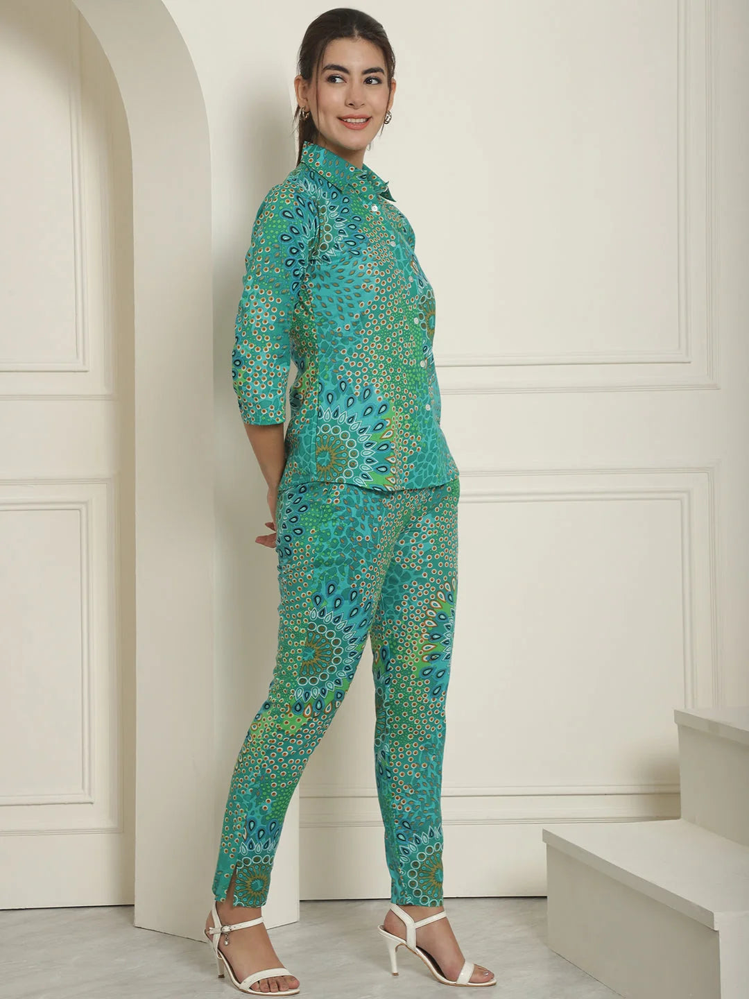 Women's Green Printed Shirt & Trouser Two Piece Co-ords Set