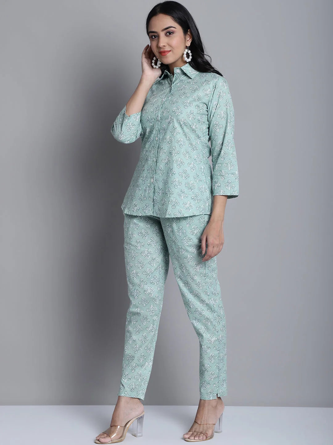 Lime Green Printed Shirt & Trouser Co-ords Set for Women