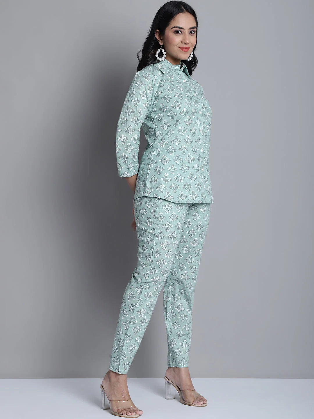 Lime Green Printed Shirt & Trouser Co-ords Set for Women