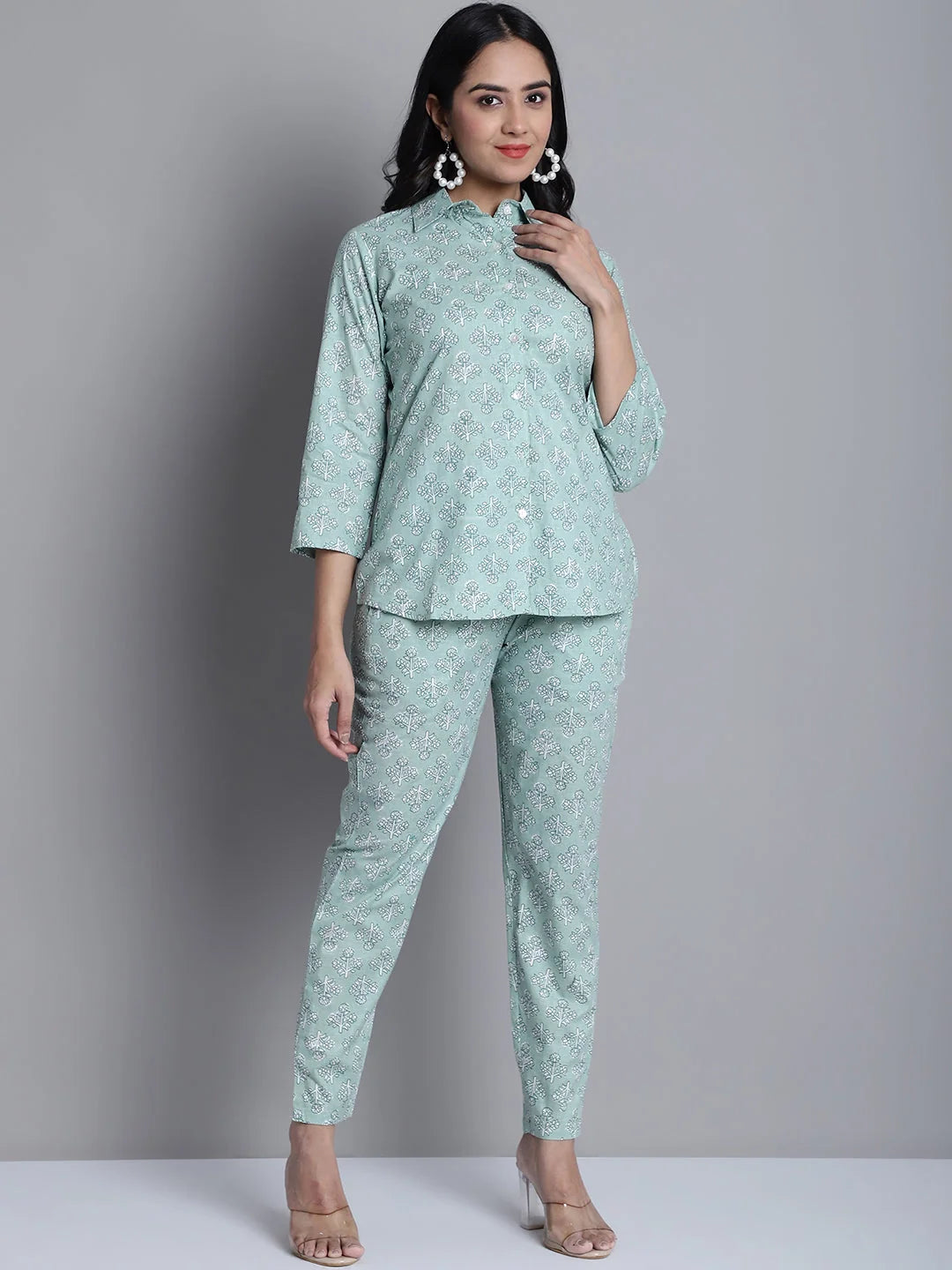 Lime Green Printed Shirt & Trouser Co-ords Set for Women