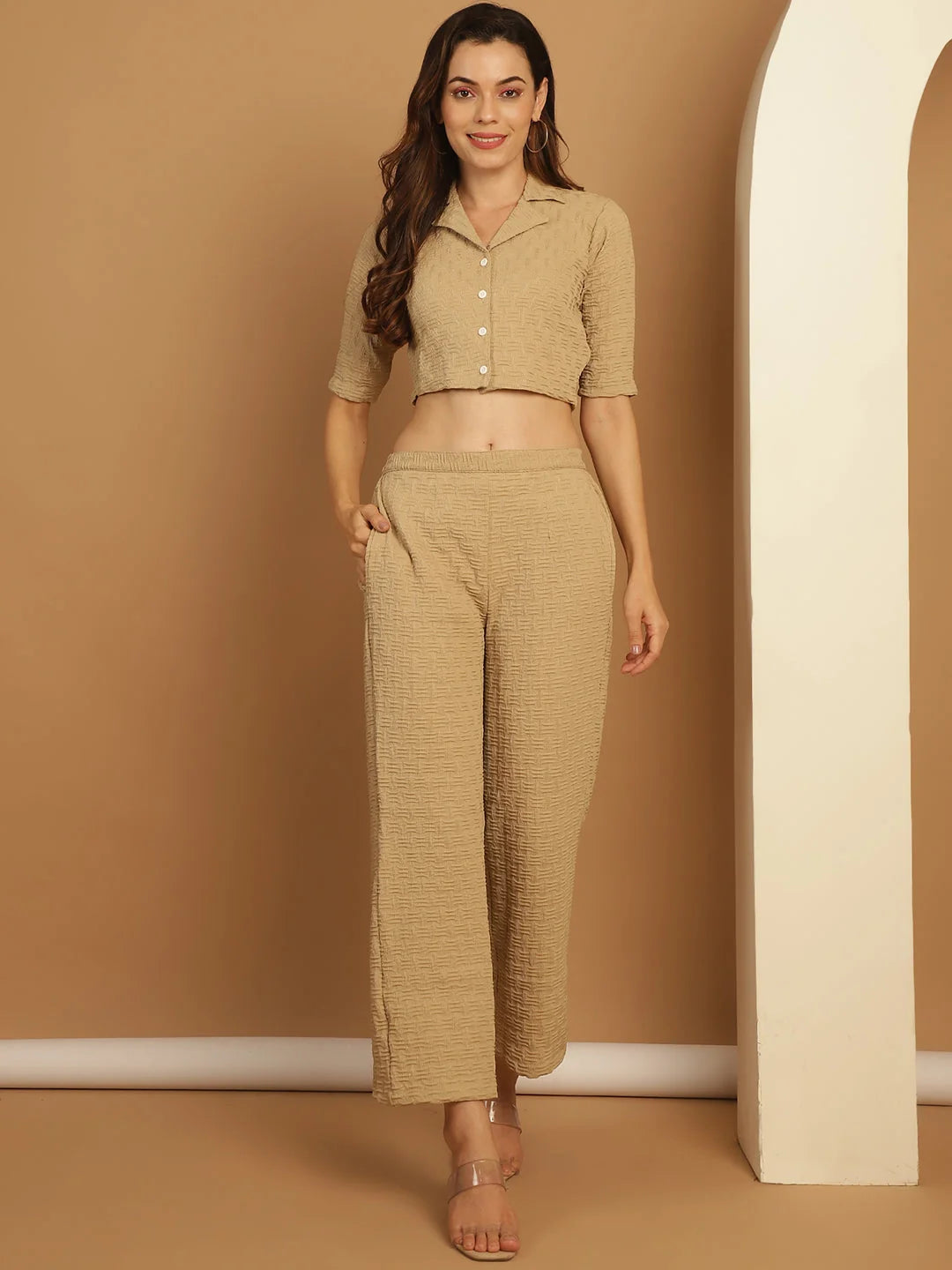 Beige Co Ord Sets for Women - Two Piece Sets - Cotton Blend