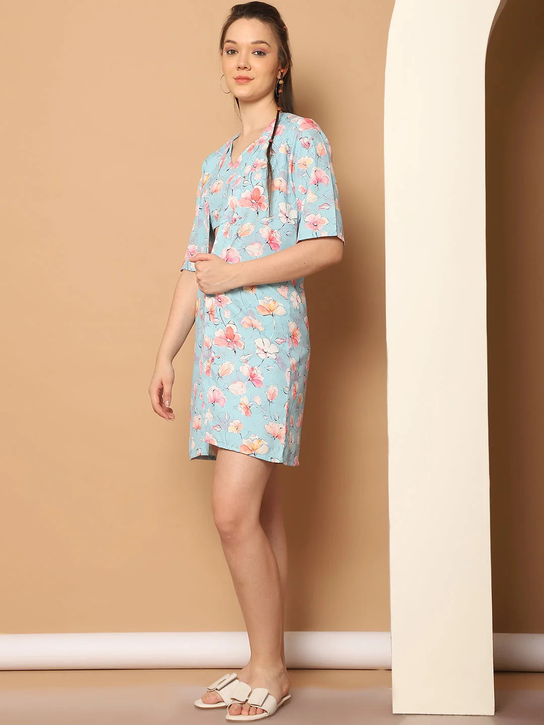 Printed Co Ord Sets - Cotton Top With Shorts & Shrug - Blue