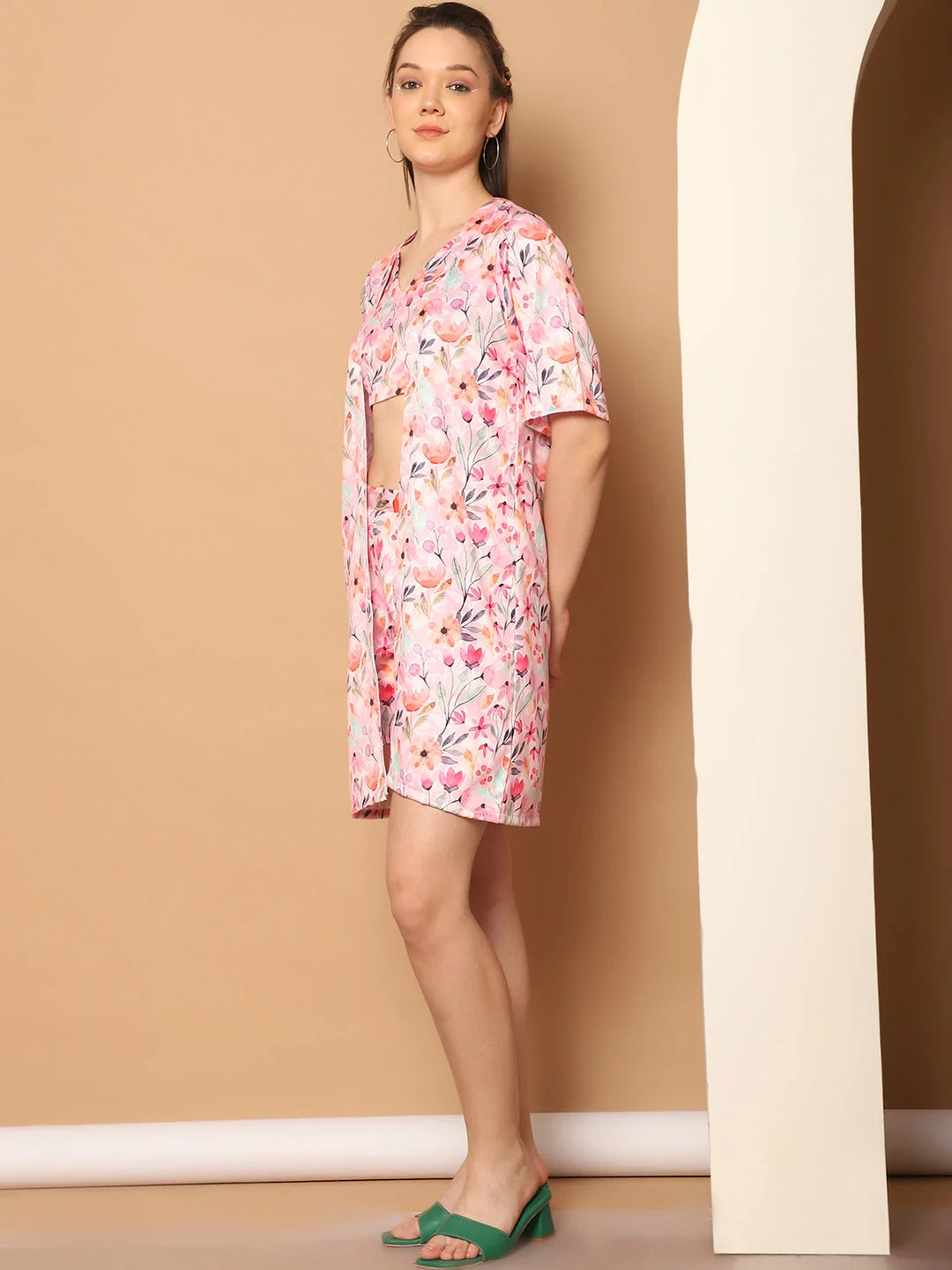 Printed Co Ord Sets - Cotton Top With Shorts & Shrug - Pink