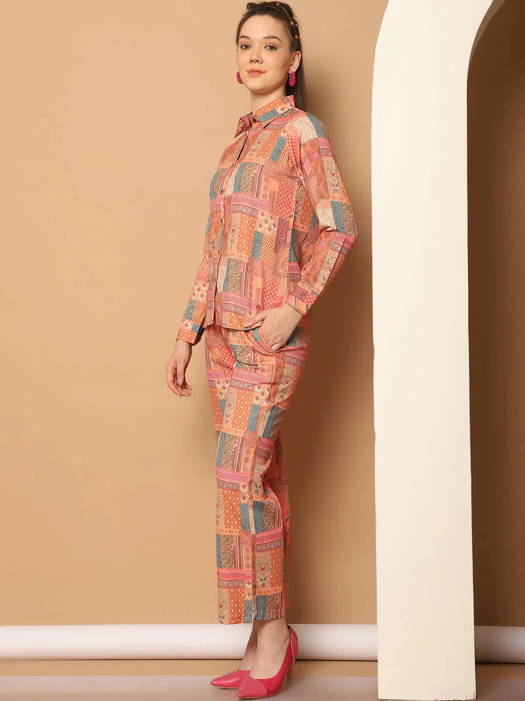 Printed Co Ord Set - Cotton Shirt Collar Shirt With Trouser