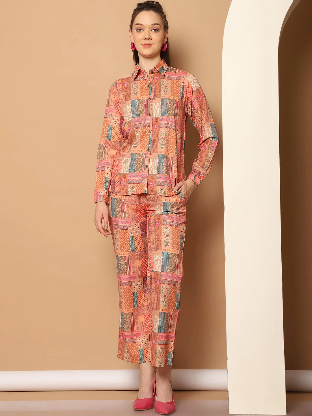 Printed Co Ord Set - Cotton Shirt Collar Shirt With Trouser