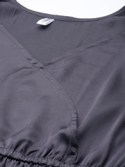 Women Puff Sleeves Satin Wrap Dress with Belt ( JND 1003Charcoal )