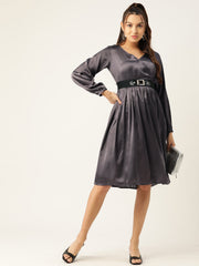 Women Puff Sleeves Satin Wrap Dress with Belt ( JND 1003Charcoal )