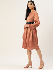Women Peach-Coloured Satin Dress with Belt ( JND 1004Brown )