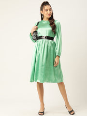 Women Green-Coloured Satin Dress with Belt ( JND 1004Green )