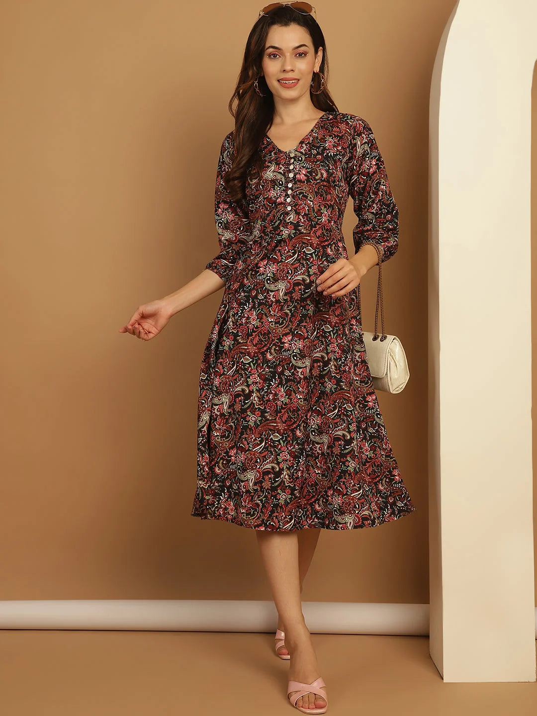 Floral Print Puff Sleeves Crepe Dress-JND-1008Black