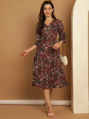 Floral Print Puff Sleeves Crepe Dress-JND-1008Black