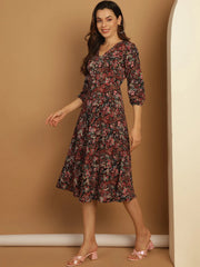 Floral Print Puff Sleeves Crepe Dress-JND-1008Black